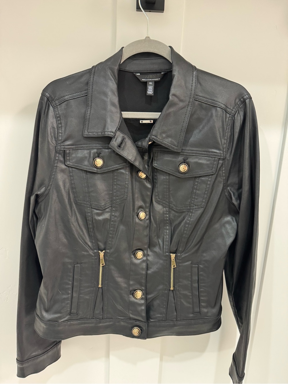 White House Black Market Black Coated Denim Jacket with Gold-Tone Hardware